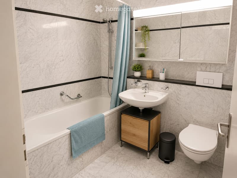 Modern bathroom with marble tiles, bathtub, sink, toilet, mirror, and small wooden cabinet. Features a shower curtain, towel, and decorative plant on the shelf.