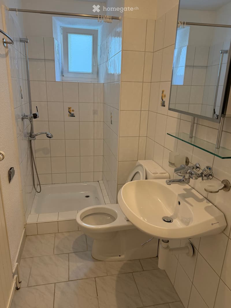Bathroom with white tiles, a toilet, a sink, a bathtub, a mirror, and a showerhead.