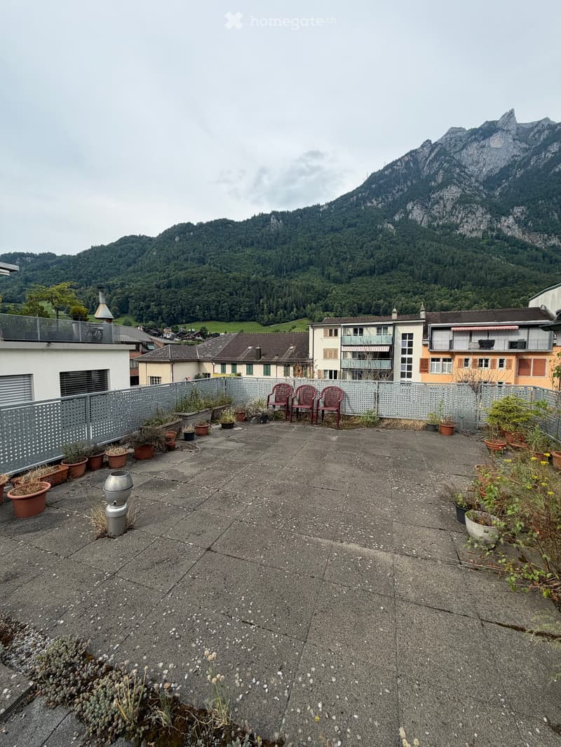 Rooftop terrace with concrete floor, metal fence, several potted plants, and three red chairs.