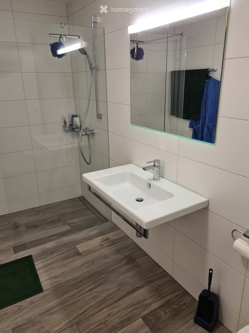 Modern bathroom with a white sink, chrome faucet, large mirror with built-in lighting, glass-enclosed shower, and wooden flooring.