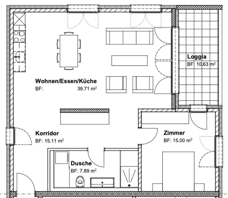 Floor plan showing a living/dining/kitchen area, hallway, bedroom, bathroom, and loggia.