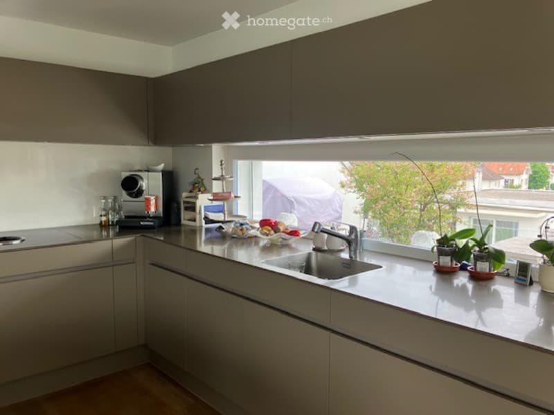 Modern kitchen with grey cabinets, white countertops, and a window overlooking a garden. Visible items include a coffee maker, sink, faucet, and potted plants on the counter.