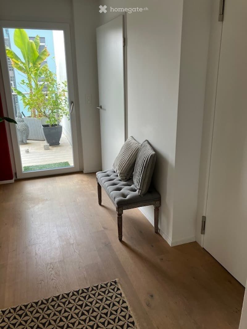 Hallway with wooden flooring, a grey bench with pillows, a patterned rug, and a door leading to a balcony with a potted plant.