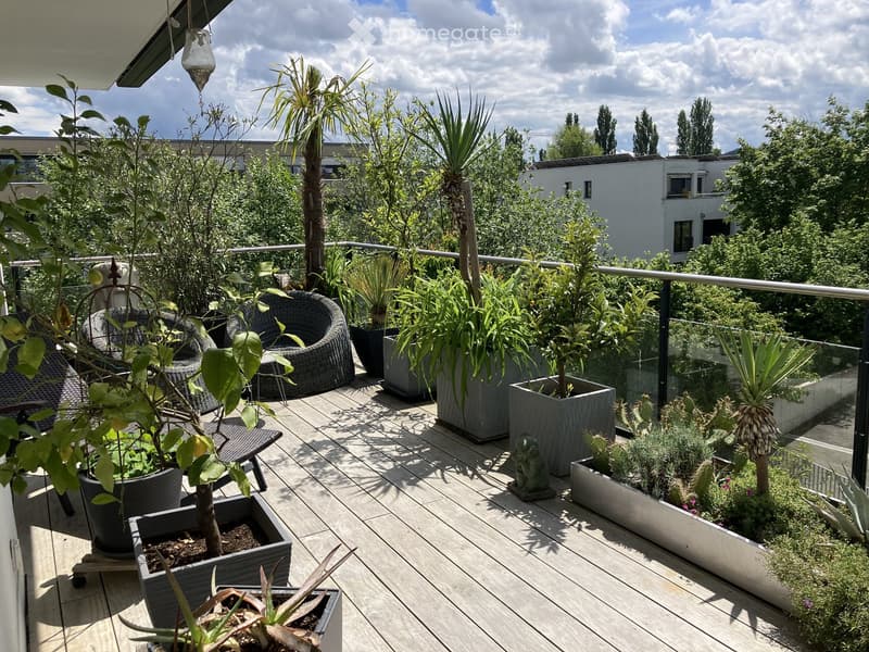 A wooden deck terrace with a metal railing, featuring several potted plants, including palms and succulents, and a couple of wicker chairs.