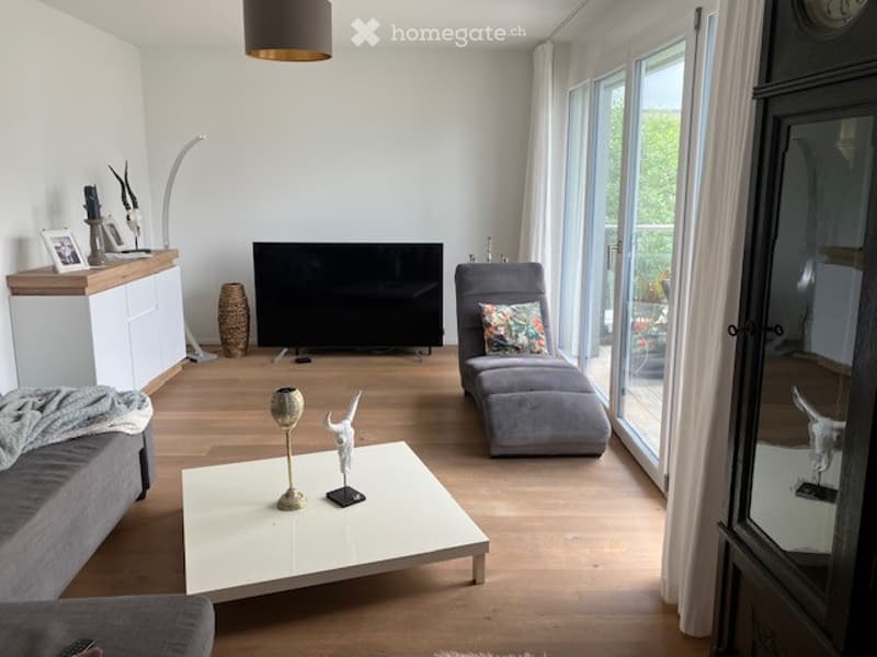 Modern living room with large windows, grey sofa, coffee table, armchair, TV, floor lamp, and decorative items.