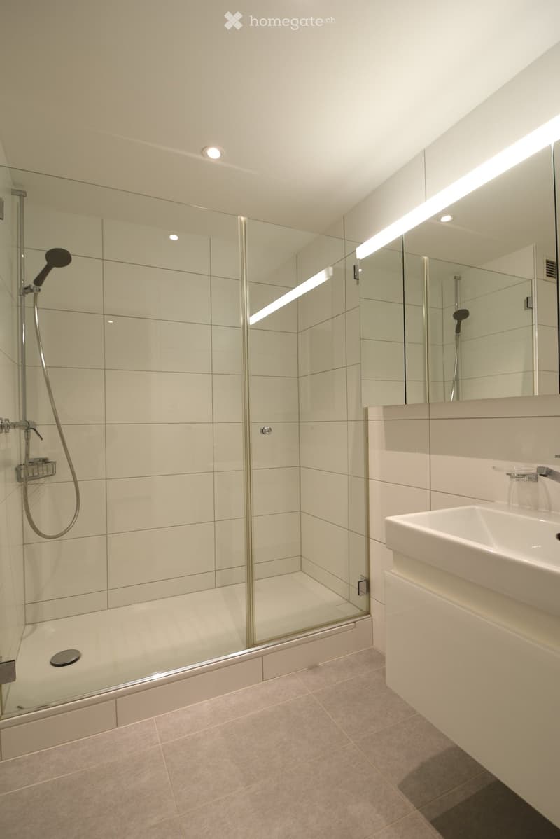 Modern bathroom with a glass-enclosed shower, a white sink, and a large mirror with built-in lighting.