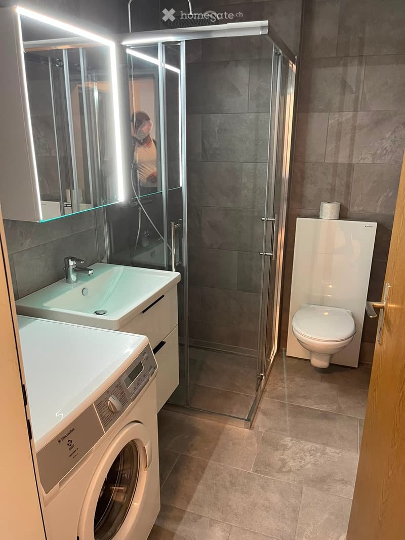 Modern bathroom with a glass-enclosed shower, a white sink with a chrome faucet, a toilet, and a washing machine. The walls are tiled in a neutral tone, and the floor is tiled in a light beige color.
