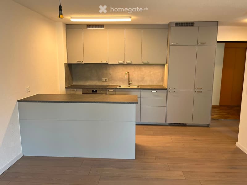 Modern kitchen with light grey cabinets, a central island, and a stainless steel sink.