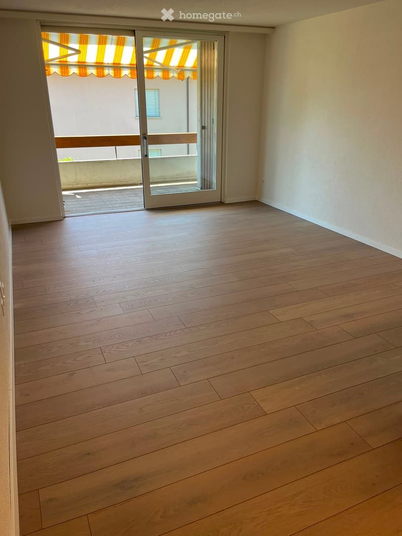 Empty room with light wooden flooring and a sliding glass door leading to a balcony with striped awning.