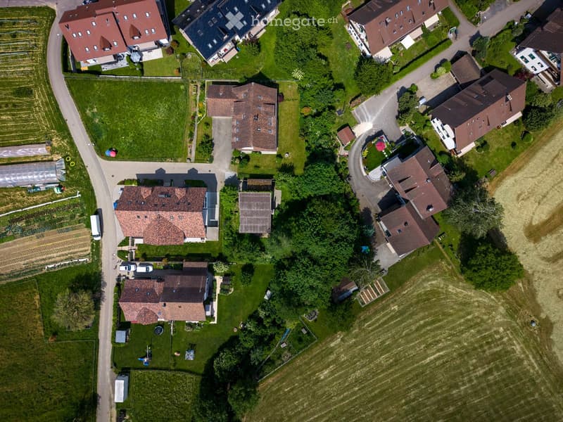 Aerial view of a residential area with multiple houses, gardens, and surrounding greenery.