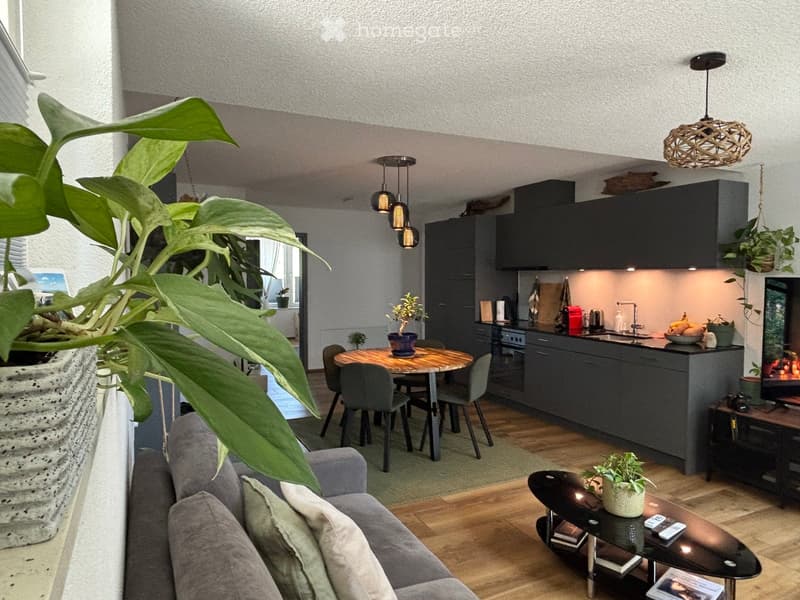Modern open-plan living and dining area with grey sofa, coffee table, dining table with chairs, kitchen area with dark cabinets, oven, sink, and pendant lights. Includes a fireplace and several plants.