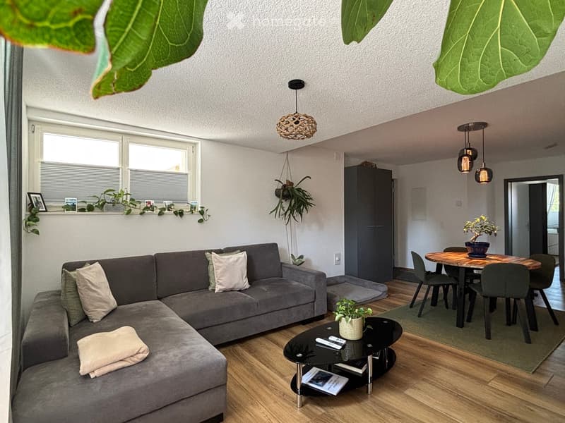 Modern living room with grey sectional sofa, coffee table, dining table with chairs, pendant lights, and various plants.