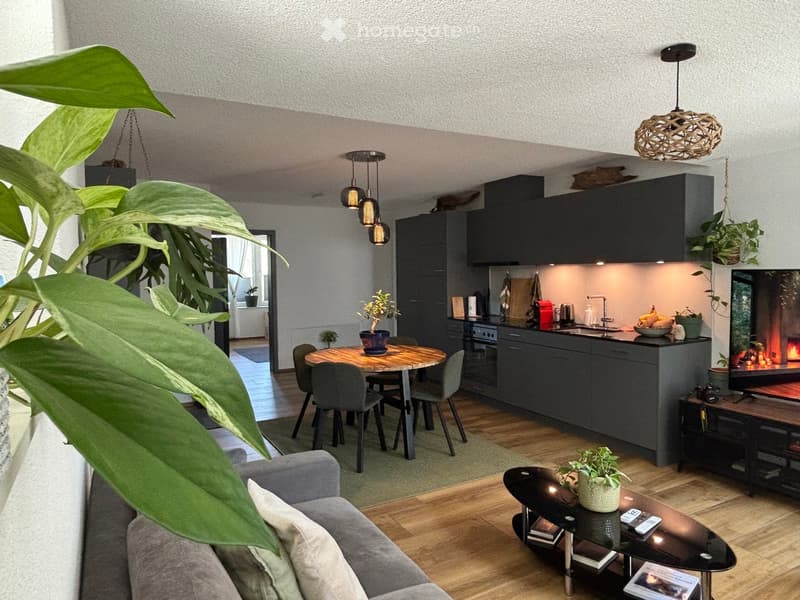 A modern, open-concept living and dining area with a grey sofa, coffee table, dining table with chairs, and a kitchen featuring dark cabinets, an oven, and a sink. The space includes pendant lights, a television, a fireplace, and several potted plants.