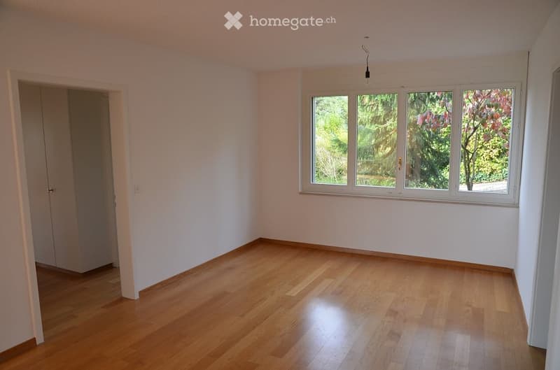 empty room, wooden floor, white walls, large window with view of trees