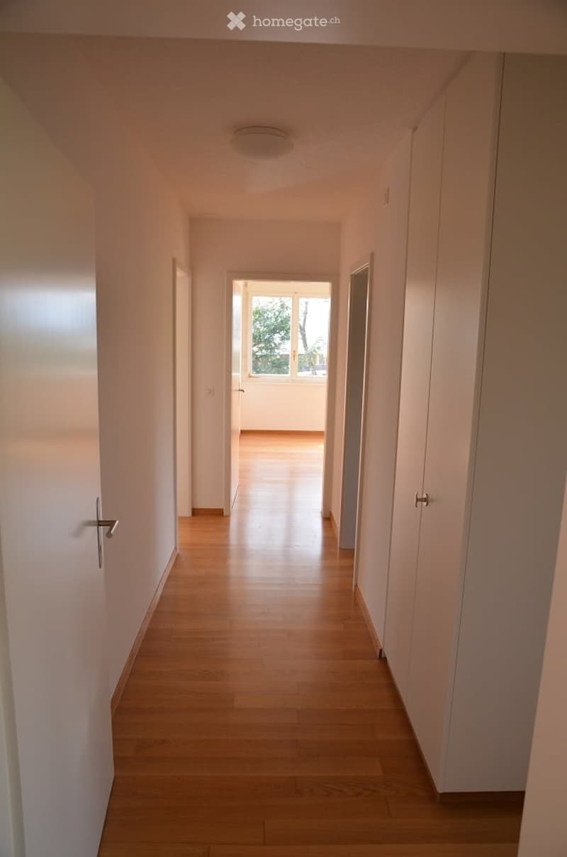 Empty hallway with wooden floor, white walls, white doors, and a ceiling light