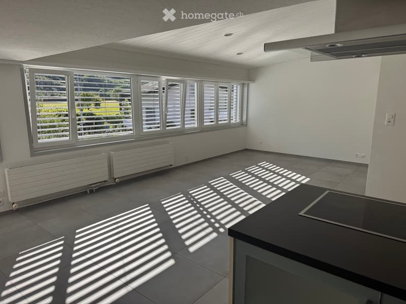 Empty room with large windows, radiators, and a dark countertop, illuminated by natural light creating striped shadows on the floor.
