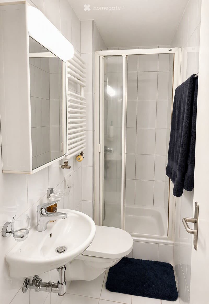 Modern bathroom with white tiles, a sink with a chrome faucet, a toilet, a glass-enclosed shower, a towel rack with a dark towel, and a black bath mat on the floor.