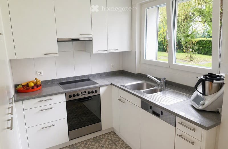 Modern kitchen with white cabinets, stainless steel appliances, and a grey countertop. Features an oven, sink, faucet, dishwasher, and a food processor on the counter.