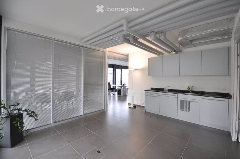 modern, white cabinets, gray tile floor, large sliding doors, plants, table and chairs in another room