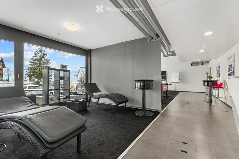 modern decor, chaise lounges, tiled floor, large windows, minimalist furniture