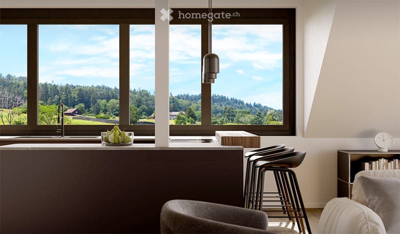Modern kitchen with large windows overlooking a scenic landscape, featuring a dark countertop, sleek stools, and a minimalist design.