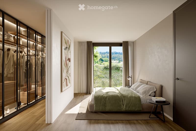 Modern bedroom with a large bed, nightstand, side table, wardrobe, and scenic view through large windows.