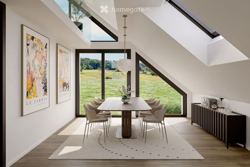 Bright dining area with large windows overlooking a green field, featuring a wooden dining table, six chairs, a modern pendant light, a cabinet with books and decorative bottles, and artwork on the walls.