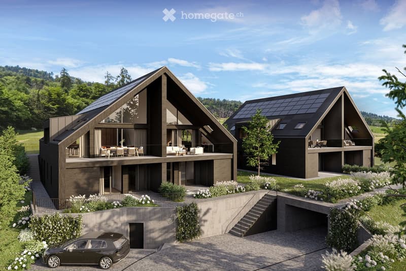 Modern two-story house with solar panels, raised ground floor, garage, and outdoor seating areas.