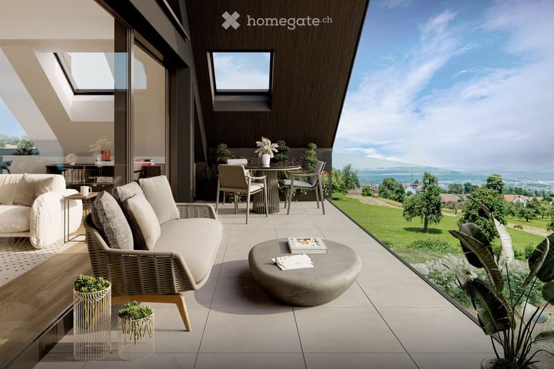 Modern balcony with large windows offering a scenic view, furnished with a sofa, wicker chair, coffee table, dining table, and decorative plants.