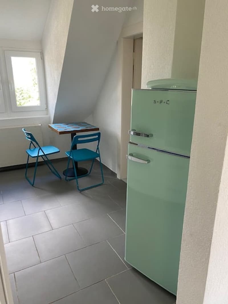 small room, table with 2 chairs, vintage refrigerator, window