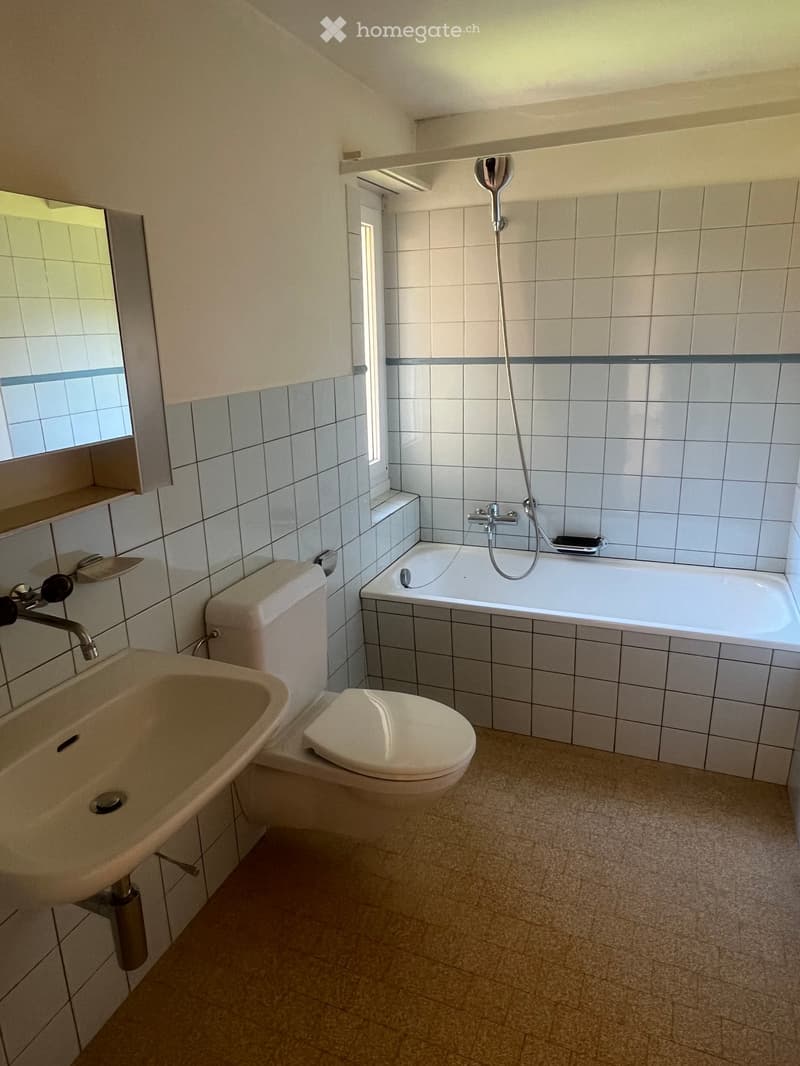 Modern bathroom with white tiles, a sink, toilet, bathtub, and a handheld showerhead.