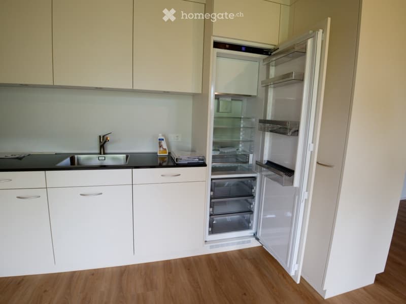 Modern kitchen with white cabinets, stainless steel sink, and an open refrigerator. The floor is wooden, and the counter has a black surface.