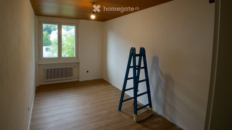Empty room with wooden flooring, white walls, and a window with a radiator below. A ladder is positioned near the window.