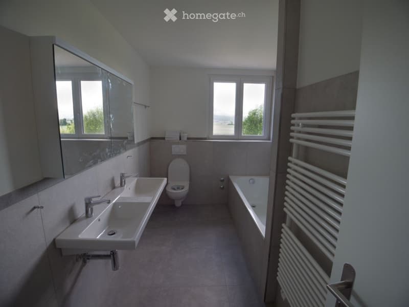 Modern bathroom with double sink, toilet, bathtub, large mirror, and radiator. Natural light from windows.