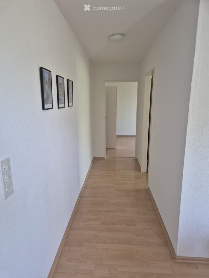Empty hallway with light wooden flooring, white walls, and three framed pictures on one side. A ceiling light fixture is visible, and there are two open doors at the end of the hallway.