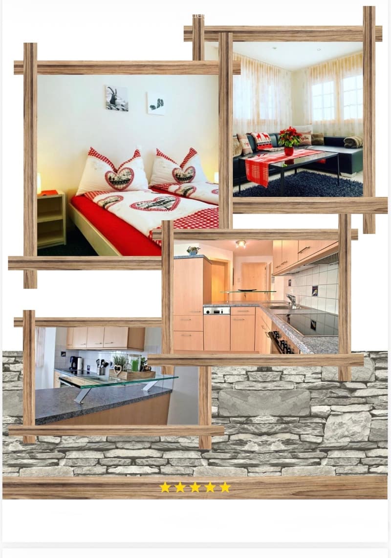 Composite image showcasing a cozy, well-furnished apartment with a bedroom, living room, and kitchen. The bedroom features a bed with heart-patterned pillows and a nightstand. The living room includes a sofa, coffee table, and decorative items. The kitche