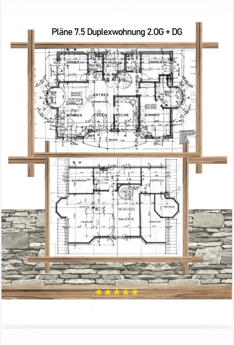 Floor plan of a 7.5 duplex apartment on the 2nd and roof floors, including living room, kitchen, bedrooms, bathrooms, balcony, and gallery.