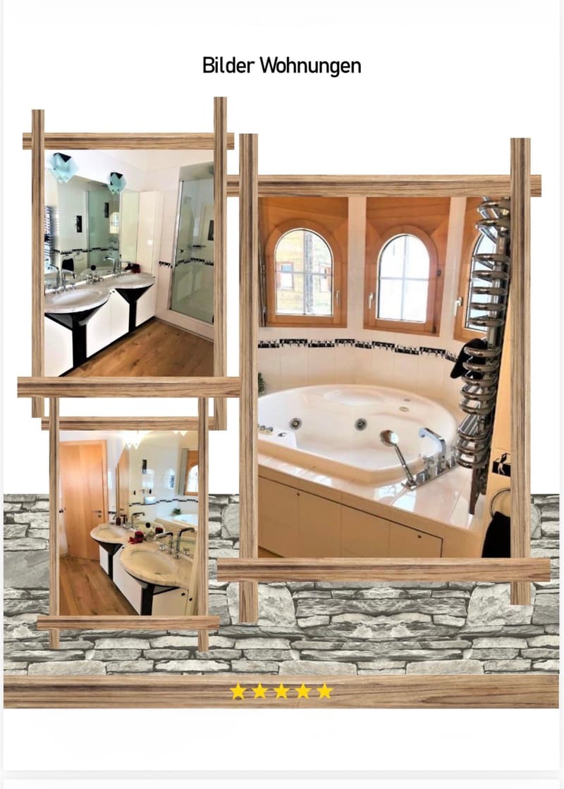 Four bathrooms with modern fixtures, including sinks, faucets, bathtubs, mirrors, and cabinets. Each bathroom features unique design elements such as wooden frames, stone walls, and arched windows.