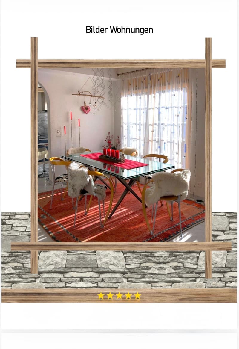 A modern dining area with a glass table, four chairs, a red runner, and decorative candles on the table. The room features large windows with sheer curtains and a cozy, warm ambiance.