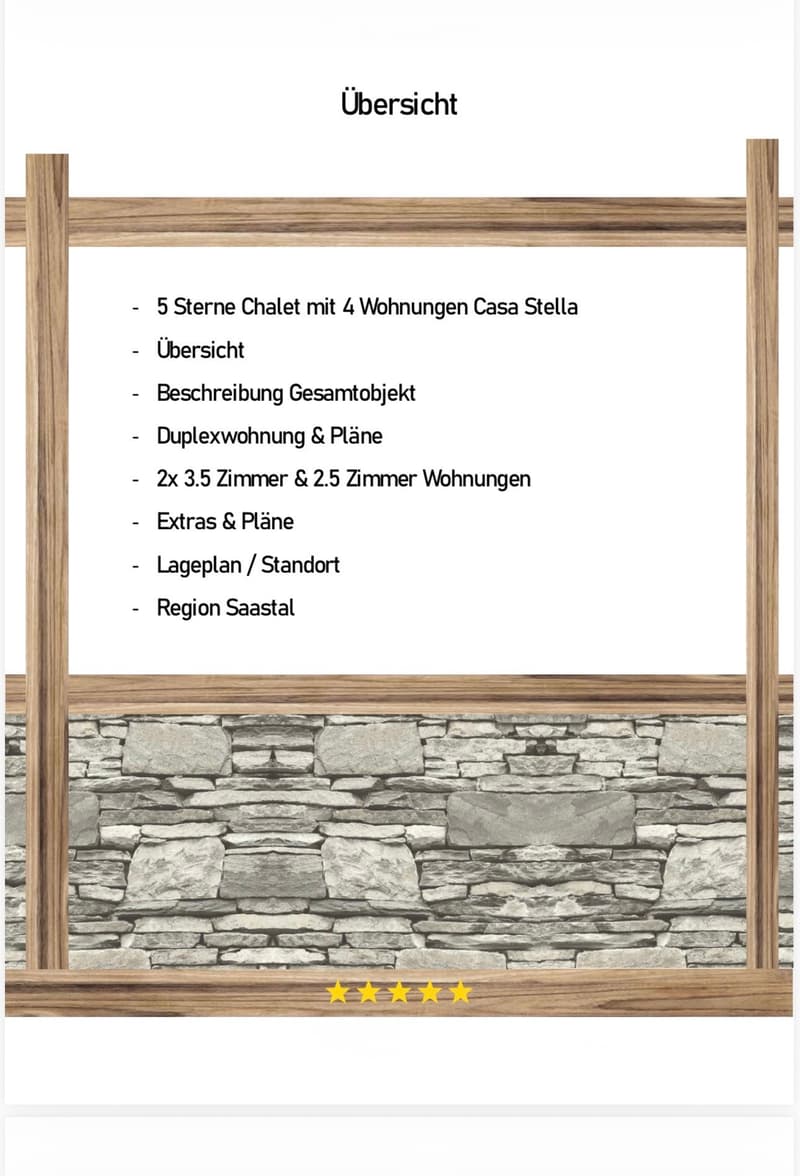 Floor plan overview of a 5-star chalet with 4 apartments, including descriptions, duplex apartments, 3.5 and 2.5 room apartments, extras, location plans, and region details.