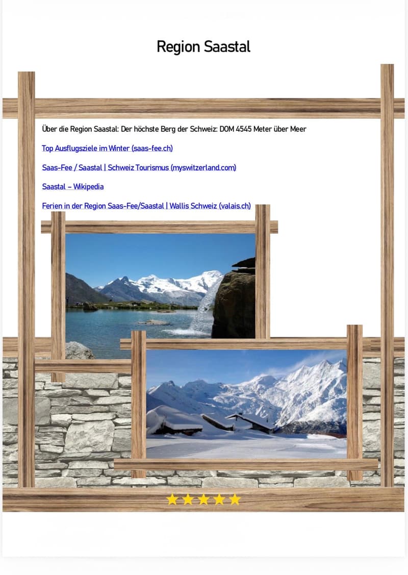 Two images of a scenic mountain landscape with snow-covered peaks and a lake, framed within a wooden border on a stone wall.