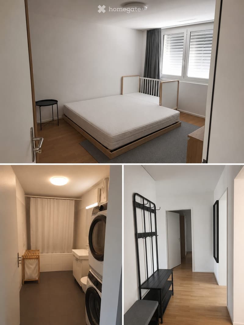 The image shows a furnished room with a bed, a small stool, a washing machine, a bathroom sink, a bath, a bench, and a mirror.