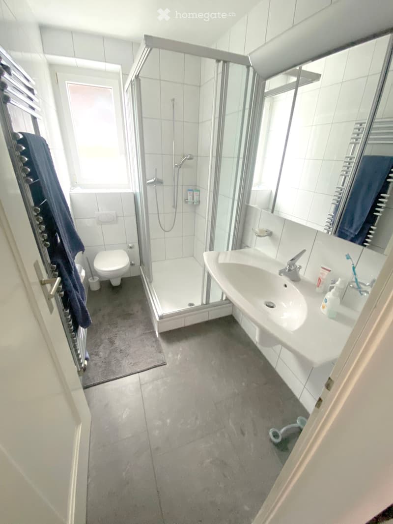 Modern bathroom with white tiles, a shower stall, a toilet, a sink with a mirror, and a towel hanging on the door.