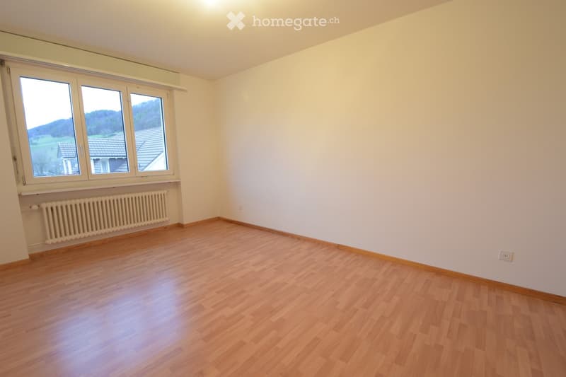 Empty room with wooden flooring, white walls, large windows, radiator, and visible electrical outlet.