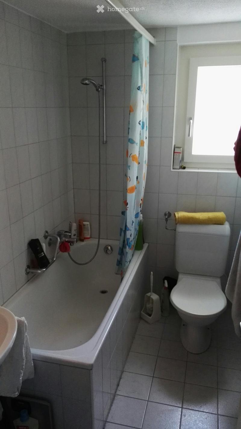 Bathroom with a bathtub, toilet, shower curtain, and a towel on the toilet seat. The room has tiled walls and floor, and a window letting in natural light.