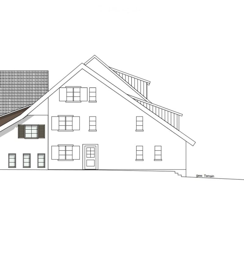 Floor plan of a two-story house with multiple windows, a front door, and a raised ground floor.