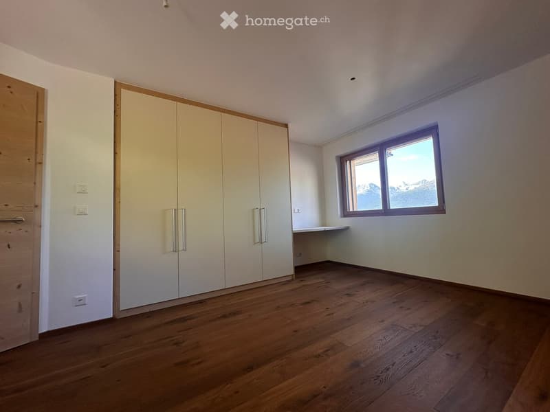 Empty room with wooden flooring, white walls, built-in closet, and a window offering a mountain view.