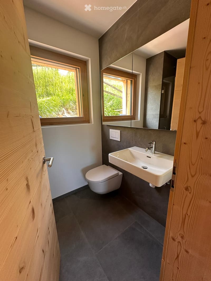 Modern bathroom with a toilet, sink, and mirror, featuring dark tiled flooring and light wooden paneling.
