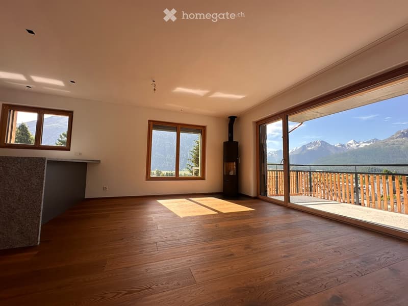 Empty room with wooden flooring, large windows, and a view of mountains. Features a small counter and a wood-burning stove.