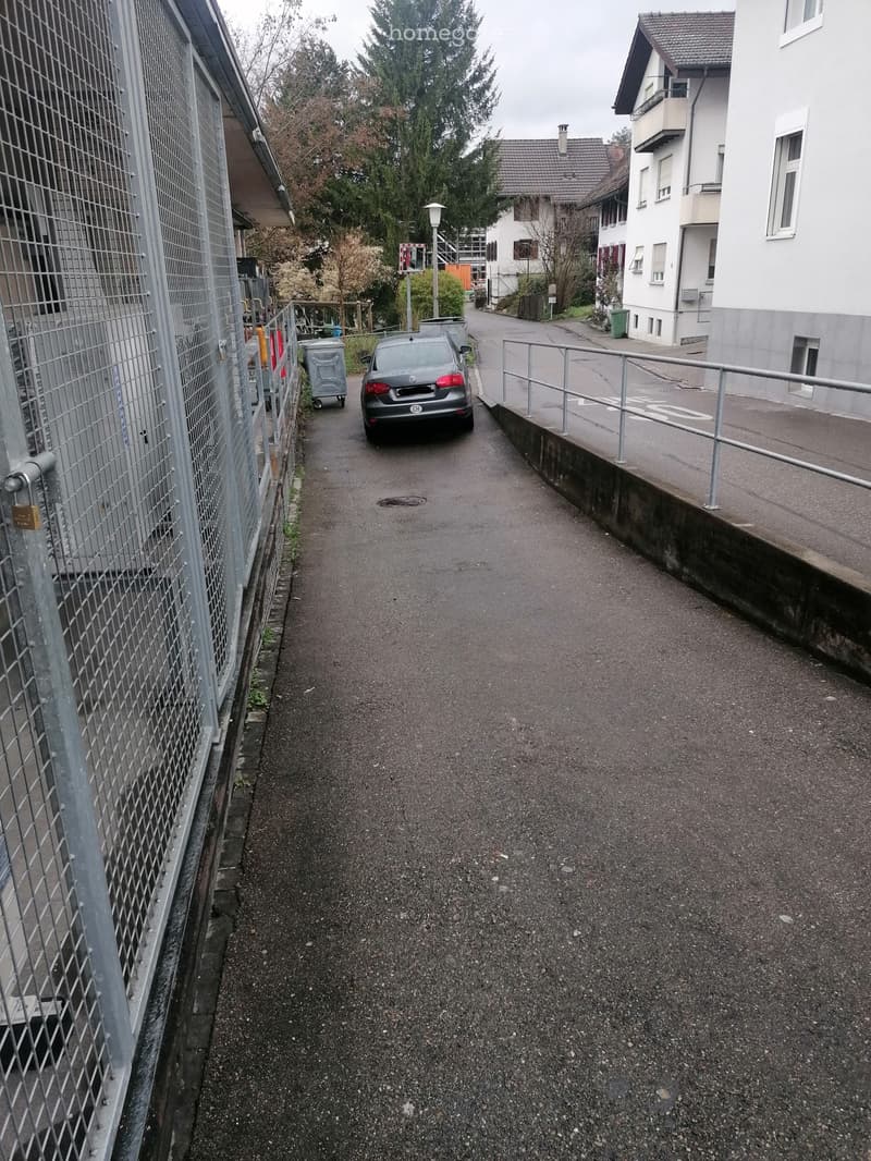 Narrow paved pathway between buildings with metal fence on one side and a metal railing on the other, with a parked car and a trash bin visible.